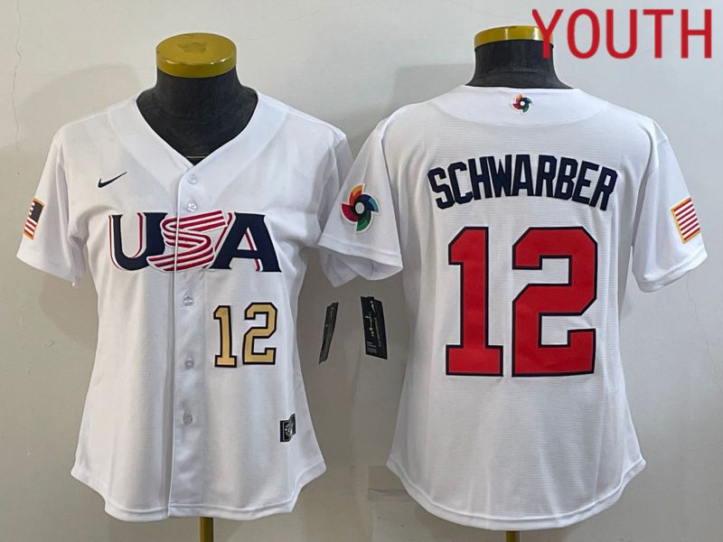 Youth 2023 World Cub USA #12 Schwarber White MLB Jersey